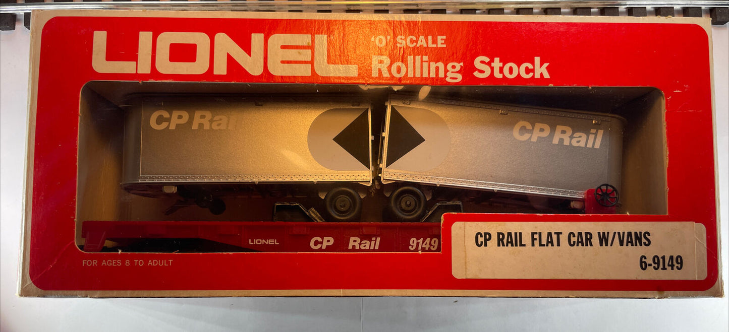 Lionel 6-9149 CP Rail Canadian Pacific Red Flatcar w/ 2 Silver Vans VINTAGE LNIB