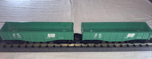 🚂 2 Lionel 9033 Penn Central Short Gondolas, Green. C-6 Very Good. TESTED!