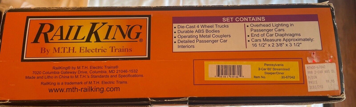 🚂 O Gauge MTH 30-67042 RailKing PRR Pennsylvania 60' Sleeper/Diner Set C10 MINT